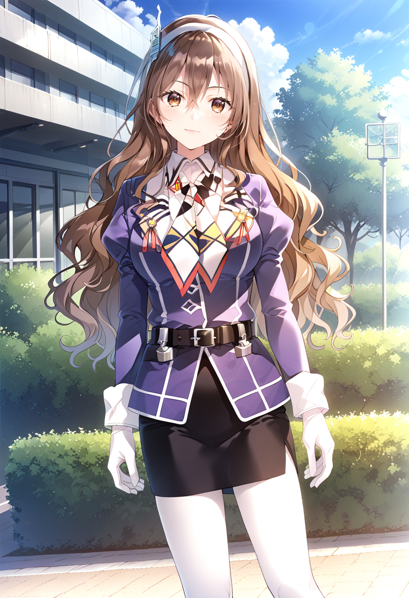 1girl, solo, standing, cowboy shot, park, brown_hair, long hair, wavy hair, headband, medium breasts,         ashigarakaikc, purple jacket, long sleeves, neckerchief, white gloves, black belt, black skirt, pencil skirt, white pantyhose, black boots,    <lora:KC_03HC_ashigara_pony-000048:1>, score_9,score_8_up, score_7_up, source_anime, masterpiece, best quality,  official art, official style, game cg, megami magazine, rating_safe, rating_questionable, <lora:Fixhands_anime_bdsqlsz_V1:0.75>, NEGATIVE_HANDS