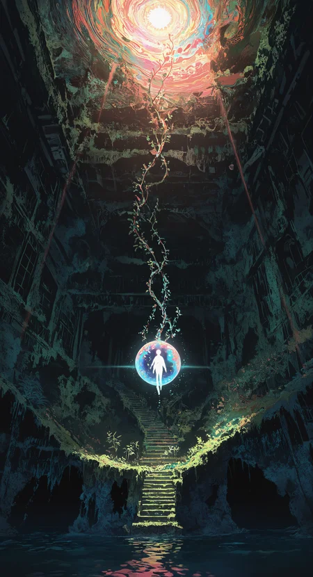 masterpiece, best quality, good quality, very awa, newest, highres, absurdres, solo, from behind, water, no humans, plant, 1other, scenery, floating, light rays, stairs, light, wide shot, ruins, orb, ambiguous gender, moss, very wide shot, limited palette, sketch, glowing, psychedelic, <lora:illustriousXL_stabilizer_v1.23:0.3> <lora:NOOB_vp1_detailer_by_volnovik_v1:0.3> <lora:ponyv6_noobE11_2_adamW-000017:0.3> <lora:114558v4df2fsdf5:0.7> <lora:mon_monmon2133:0.6>