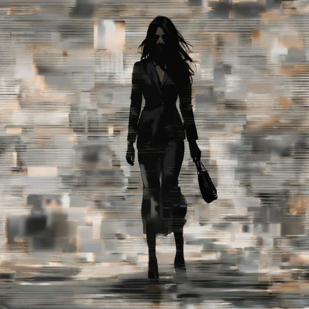 a beautiful woman melting, line art, black office suit made of melted black wax, wet hair, walking on the sidewalk, unreal, water vapor, black liquid, modern city, midday sun, sun reflections <lora:sd_xl_offset_example-lora_1.0:-0.5> <lora:Projext_X2:-1.2>