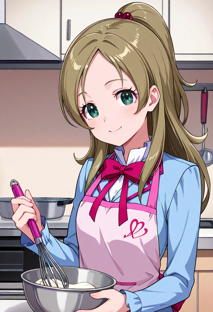 masterpiece, best quality, absurdres, very aesthetic, general,
minamino kanade, aria gakuen school uniform, 1girl, apron, solo, green eyes, long hair, smile, half updo, brown hair, hair bobbles, bowl, hair ornament, eyelashes, cooking, looking at viewer, ponytail, blue shirt, mixing bowl, bowtie, indoors, holding, blonde hair, ribbon, whisk, pink bow, long sleeves, shiny hair, shiny, red neckwear, light brown hair, ladle, aqua eyes, kitchen, standing, upper body, pot, closed mouth, blue jacket, baking
 <lora:cure_rhythm_minamino_kanade_illustXL_locon_v1:0.7>
