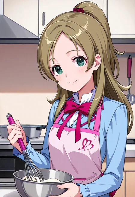 masterpiece, best quality, absurdres, very aesthetic, general,
minamino kanade, aria gakuen school uniform, 1girl, apron, solo, green eyes, long hair, smile, half updo, brown hair, hair bobbles, bowl, hair ornament, eyelashes, cooking, looking at viewer, ponytail, blue shirt, mixing bowl, bowtie, indoors, holding, blonde hair, ribbon, whisk, pink bow, long sleeves, shiny hair, shiny, red neckwear, light brown hair, ladle, aqua eyes, kitchen, standing, upper body, pot, closed mouth, blue jacket, baking
<lora:cure_rhythm_minamino_kanade_illustXL_locon_v1:0.7>
