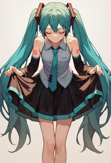 score_9_up score_8_up score_7_up, 1girl, skirt hold bowing, hatsune miku, light smile, black skirt, simple background, leaning forward, white background
<lora:skirt_hold_bowing_d16:1>