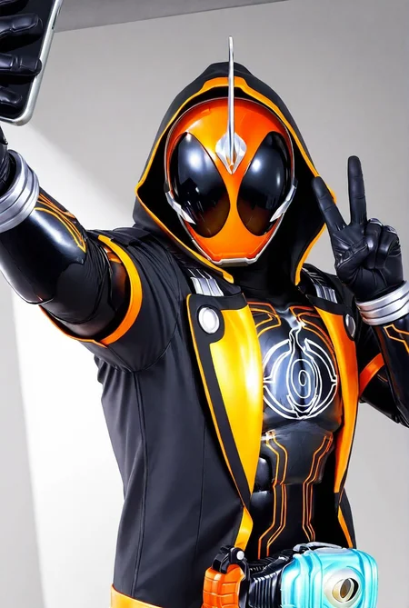 score_9,score_8_up,score_7_up,male focus,ultra-detailed,high resolution,digital painting,8k,1boy,solo,upper body,male focus,detailed face,tokusatsu,rider belt,armor,helmet,jacket,bodysuit,gloves,hood,horns,black bodysuit,selfie,v,looking at viewer,<lora:add-detail-xl:1>,<lora:Kamen Rider Ghost:0.7>,kamen rider ghost,