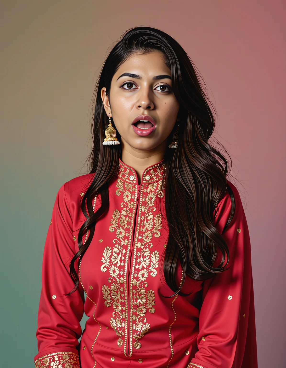 headshot photo of de51 medium woman, thin waist with hourglass figure, hyper realistic candid photo, mouth open in surprise,studio quality, wearing intricate conservative turtleneck Crimson Mekhela Chador (Assamese traditional attire), curls, pastel shaded multicolored background, cinematic lighting, <lora:Desi_Coffee_Flux_Kohya_LoRA_v3:0.8>âââ