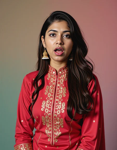 headshot photo of de51 medium woman, thin waist with hourglass figure, hyper realistic candid photo, mouth open in surprise,studio quality, wearing intricate conservative turtleneck Crimson Mekhela Chador (Assamese traditional attire), curls, pastel shaded multicolored background, cinematic lighting, <lora:Desi_Coffee_Flux_Kohya_LoRA_v3:0.8>âââ