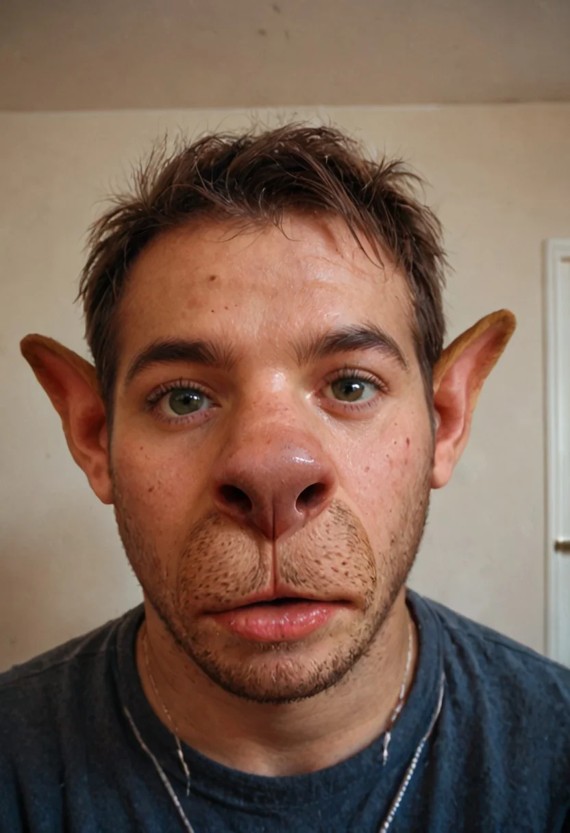Score_9, score_8_up, score_7_up, transformation, draysonite, dog transformation, demi, face focus, nose, big nose, snout, snout focus, anthro dog, dog face, dog ears, pointed ears, (((no human ears)))