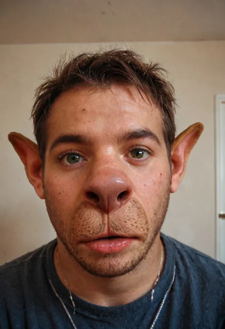 Score_9, score_8_up, score_7_up, transformation, draysonite, dog transformation, demi, face focus, nose, big nose, snout, snout focus, anthro dog, dog face, dog ears, pointed ears, (((no human ears)))