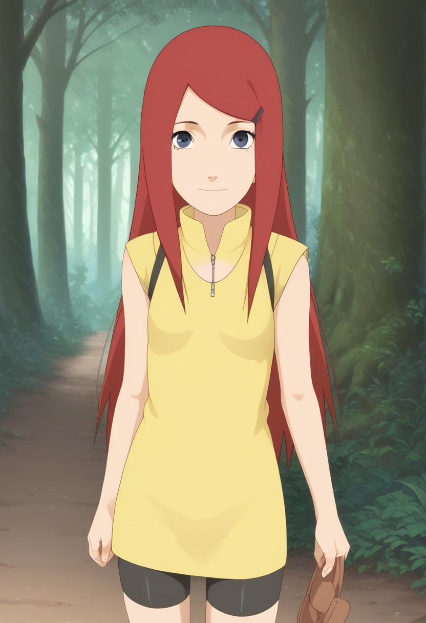 score_9, score_8_up, score_7_up, masterpiece, best quality, perfect face, perfect eyes, perfect anatomy, female: Kushina Uzumaki, red hair, blue eyes, swept bangs,. soft texture, forest, sakura forest. seductive smile, small, young, petite, black bike shorts, brown sandals, yellow kimono, sleeveless yellow dress , sleeveless kimono, smile, chest fishnet, chest fishnet short sleeves, standing,