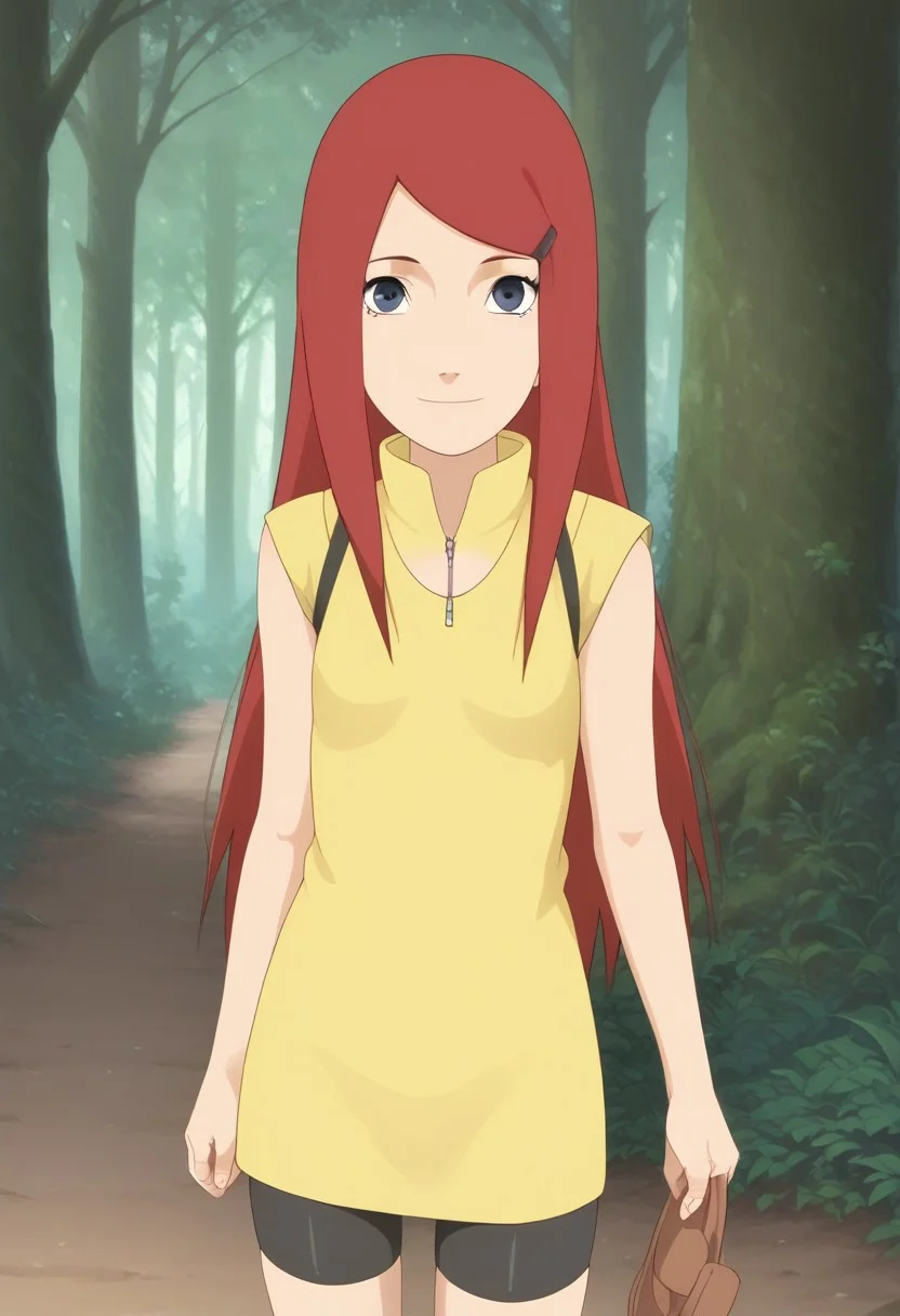 score_9, score_8_up, score_7_up, masterpiece, best quality, perfect face, perfect eyes, perfect anatomy, female: Kushina Uzumaki, red hair, blue eyes, swept bangs,. soft texture, forest, sakura forest. seductive smile, small, young, petite, black bike shorts, brown sandals, yellow kimono, sleeveless yellow dress , sleeveless kimono, smile, chest fishnet, chest fishnet short sleeves, standing,