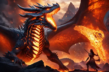 magma dragon fighting vs a bone dragon
<lora:Classic Western Dragons XL:0.8>, (masterpiece),  best quality, highres, 4k, 8k, Detailed Illustration, intricate detail, cinematic lighting, amazing quality, 1girl, fit female, amazing shading, soft lighting, facing camera, perfect eyes