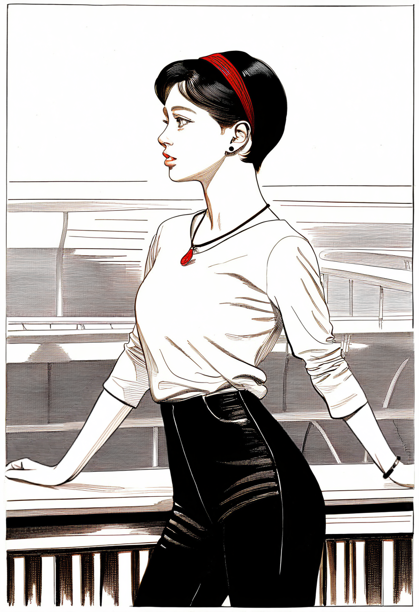 1girl, standing, on-balcony, against-railing, long-shirt, pixie-cut, black-hair, hairband, stud-earrings, pendant, bracelet, parted-lips, grey-eyes, posing, traditional-media, realistic, very awa, masterpiece, best quality, newest, absurdres, highres <segment:hand//cid=11>very awa, masterpiece, best quality, newest, absurdres, highres