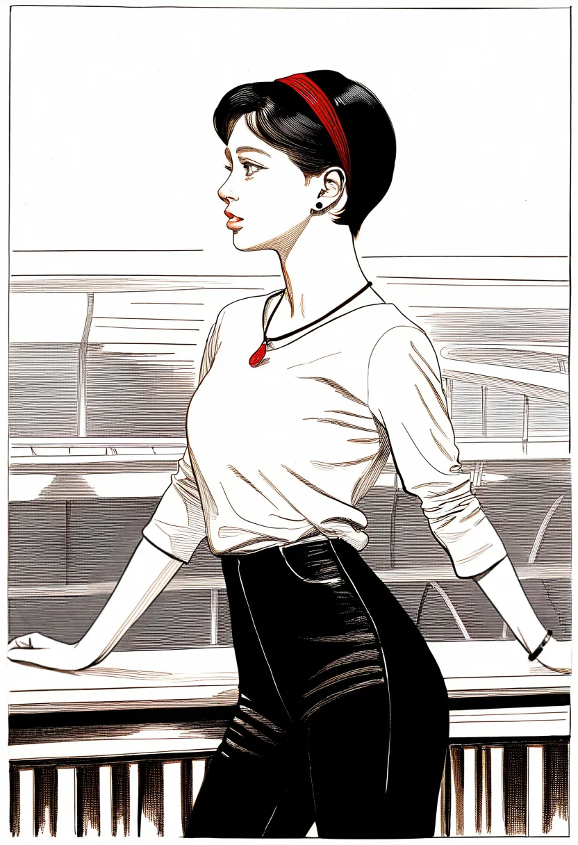1girl, standing, on-balcony, against-railing, long-shirt, pixie-cut, black-hair, hairband, stud-earrings, pendant, bracelet, parted-lips, grey-eyes, posing, traditional-media, realistic, very awa, masterpiece, best quality, newest, absurdres, highres <segment:hand//cid=11>very awa, masterpiece, best quality, newest, absurdres, highres