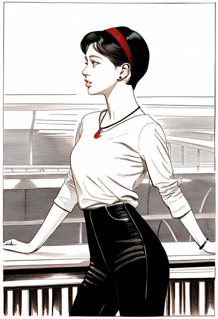 1girl, standing, on-balcony, against-railing, long-shirt, pixie-cut, black-hair, hairband, stud-earrings, pendant, bracelet, parted-lips, grey-eyes, posing, traditional-media, realistic, very awa, masterpiece, best quality, newest, absurdres, highres <segment:hand//cid=11>very awa, masterpiece, best quality, newest, absurdres, highres