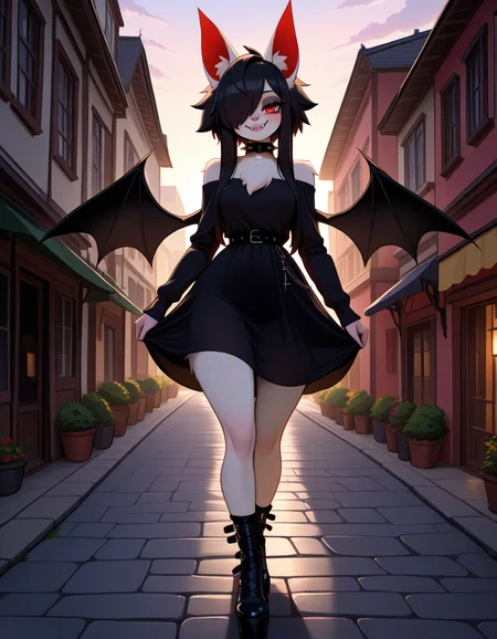 masterpiece, best quality, very aesthetic, absurdres,
outdoors, goth fashion, 
full body, posing,
seductive smile, parted lips, long eyelashes,
 <lora:Asphodel_v01_NAIXL:1>
A5ph0d3l,1girl,solo,furry,furry female,bat girl,black hair,bat ears,animal ear fluff,long hair,hair over one eye,red eyes,fangs,spiked collar,body fur,white fur,bat wings,tail,
