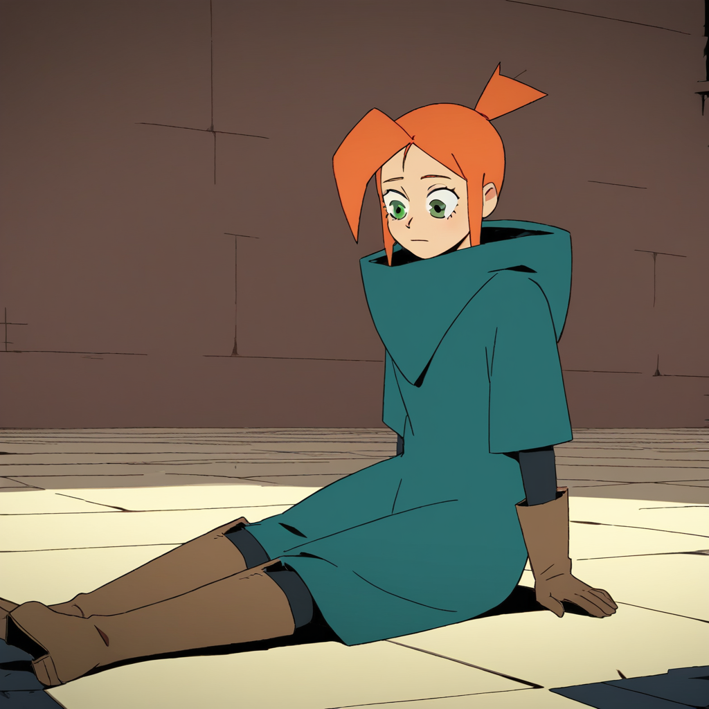 score_9_up, score_8_up, BREAK, LaureEsposito, 1girl, solo, orange hair, green eyes,  cloak, gloves, boots, on floor, sitting,  <lora:LaureEsposito_DeadCells_PXL_Leaf1:1>, indoors,