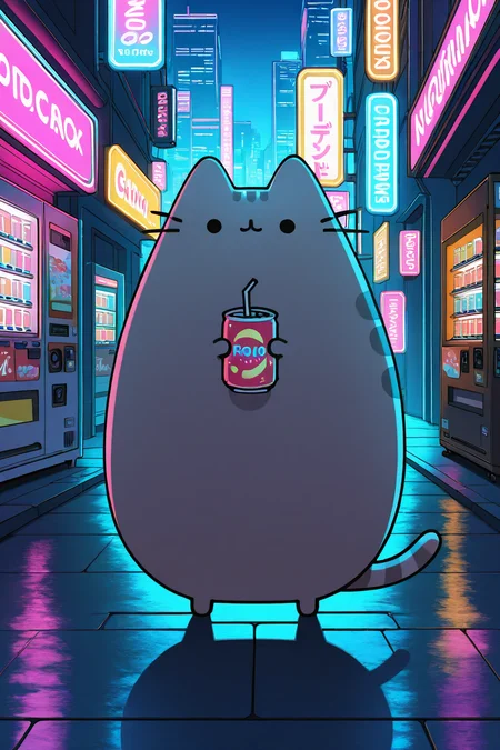 masterpiece, best quality, pusheen, exploring a cyberpunk city, neon lights, holographic signs, holding a futuristic gadget, robotic arms vending snacks ,<lora:PusheenIXL:1.0>,