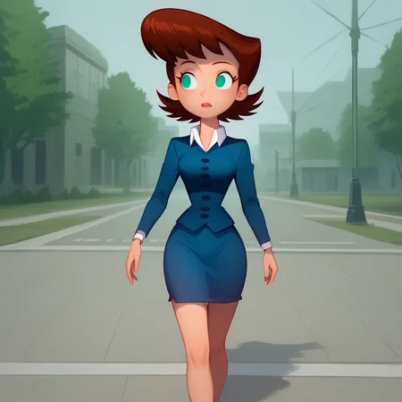 score_8_up, BREAK, LilaTest, 1girl, solo, brown hair, short hair, green eyes,  formal, blue suit, jacket, white shirt, pencil skirt,  <lora:LilaTest_PXL_Leaf1:1>, walking, outdoors,