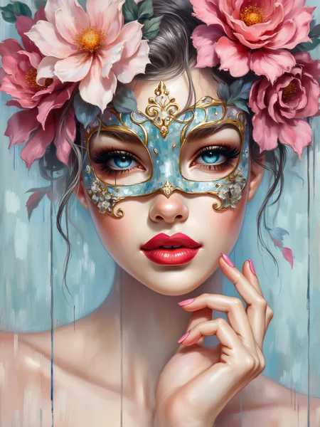 ArsMJStyle, ((Impressionism )), Mask , 1girl, solo, flower, portrait, blue eyes, mask, lips, makeup, mole, pink flower, looking at viewer, hair flower, hair ornament, red lips, lipstick, closed mouth, eyelashes, mole under eye, bug, rose, red flower, butterfly