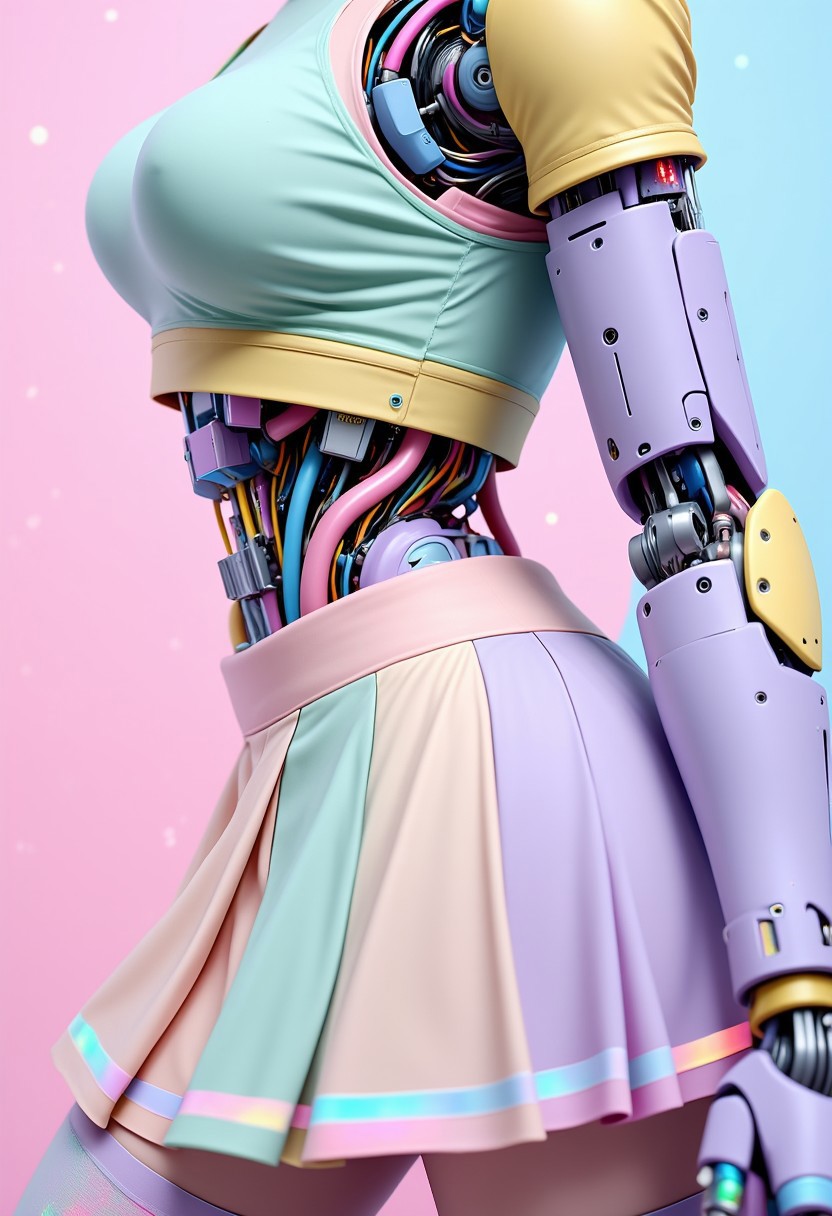 ajpasbot. A photorealistic 3D render showing a detailed close-up of a feminine robot's back featuring a curvaceous form wearing a short pleated skirt and thigh-high stockings. Her exposed mechanical spine consists of intricately connected pastel-colored components - baby blue vertebrae, rose quartz hydraulic pistons, and lilac joint mechanisms visible through transparent panels. The exoskeleton features color-blocked sections in mint green, powder pink, and pale yellow, with delicate seams and intricate mechanical details. Exposed circuitry glows with holographic rainbow highlights between armor plates. Her shoulder blades are elegant mechanical structures with prismatic reflections. The short skirt fabric flows with a metallic sheen, while sheer holographic thigh-high stockings with pastel trim hug her mechanical legs, revealing glimpses of the complex mechanical structure beneath. The stockings feature intricate geometric patterns that glow with rainbow iridescence. The composition is set against a gradient background of cotton candy pink to powder blue with pop art dots. Artificial directional lighting emphasizes the detailed mechanical anatomy and creates playful reflections across the pastel surfaces. Shot in extreme close-up, focusing on the intricate details of her mechanical back structure and legs.