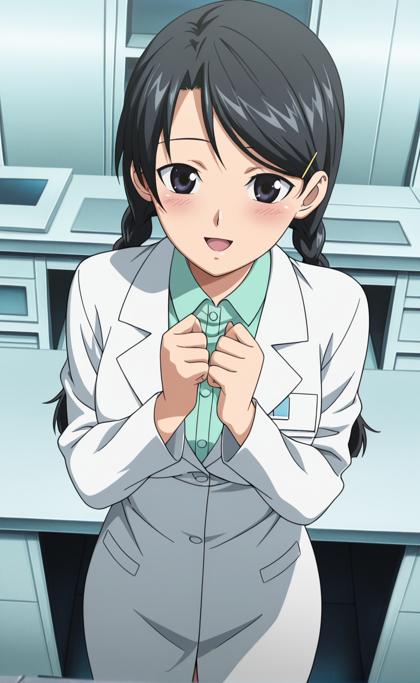 1girl,e1fnsa1t0,anime coloring,solo,twin braids,black hair,(black eyes:0.8),   ,medium breasts,hairpin,lab coat,indoors,lab,smile ,cowboy shot   ,,from above ,,open mouth ,blush,, ,looking at viewer,best quality,masterpiece,sensitive, <lora:elfenliedsaitoNoobAI:1>