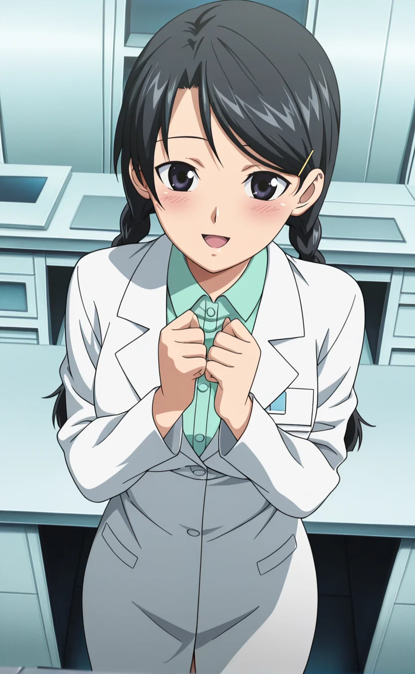 1girl,e1fnsa1t0,anime coloring,solo,twin braids,black hair,(black eyes:0.8),   ,medium breasts,hairpin,lab coat,indoors,lab,smile ,cowboy shot   ,,from above ,,open mouth ,blush,, ,looking at viewer,best quality,masterpiece,sensitive, <lora:elfenliedsaitoNoobAI:1>
