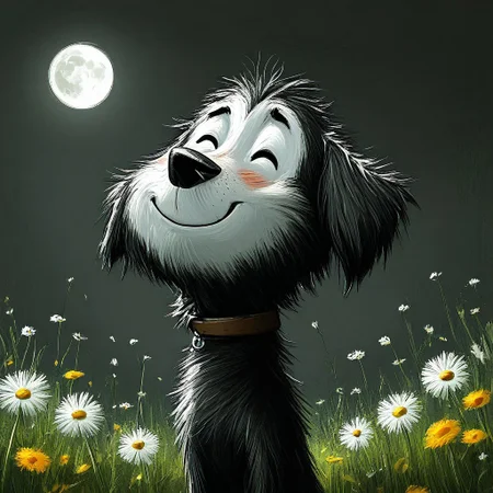 dog, black and white, happy, brown collar, daisies, meadow, full moon background, dark, big nose, closed eyes, tim burton style, dark whimsical, detailed