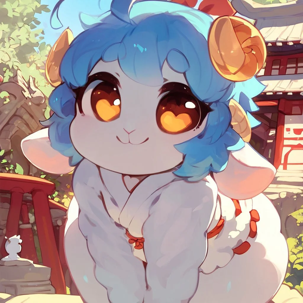score_9, score_8_up, score_7_up, Chelsi, sheep, blue hair, ahoge, 1 girl, thick thighs, cute, stone statue, looking at viewer, happy, smiling, peaceful expression, outside of a shrine,