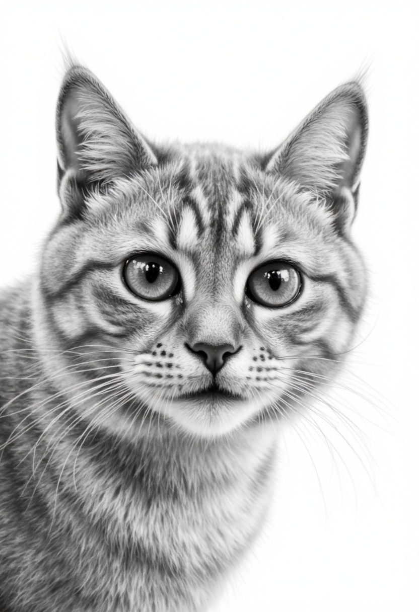 photorealistic black and white pencil drawing of a happy cat, detailed fur, wet reflecting nose, neutral white background <lora:hyperrealism-000103:1>