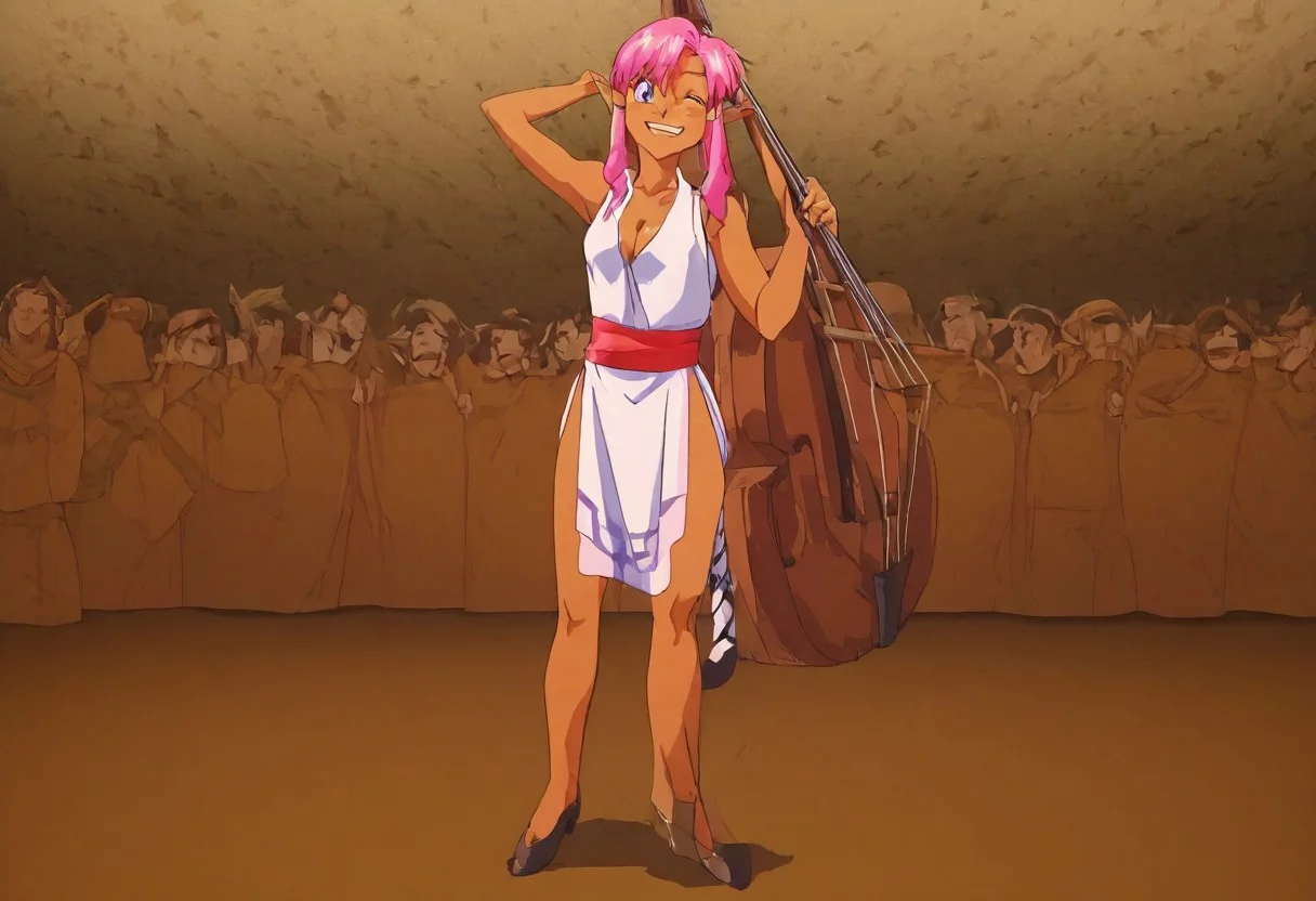 Pink_DragonPink, 1girl, sleeveless dress, white tiger print dress, pelvic curtain, cleavage, white tiger tail, red sash, small breasts, leather shoes, masterpiece, very aesthetic, smiling wide, showing teeth, <lora:pink-illustrious:1>,
Break
1boy,Anime screencap,link (zelda),blonde hair,blue eyes,pointy ears, low ponytail, sidelocks, wearing blue hyilian tunic, happily smiling
Break
On a raised medieval stage, in front of a large crowd, pink_dragonpink playing contrabass, holding a bow, doublebass, instrument, bow_(music), Link plays an ocarina