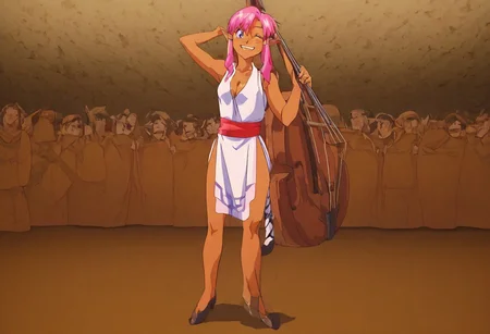 Pink_DragonPink, 1girl, sleeveless dress, white tiger print dress, pelvic curtain, cleavage, white tiger tail, red sash, small breasts, leather shoes, masterpiece, very aesthetic, smiling wide, showing teeth, <lora:pink-illustrious:1>,
Break
1boy,Anime screencap,link (zelda),blonde hair,blue eyes,pointy ears, low ponytail, sidelocks, wearing blue hyilian tunic, happily smiling
Break
On a raised medieval stage, in front of a large crowd, pink_dragonpink playing contrabass, holding a bow, doublebass, instrument, bow_(music), Link plays an ocarina