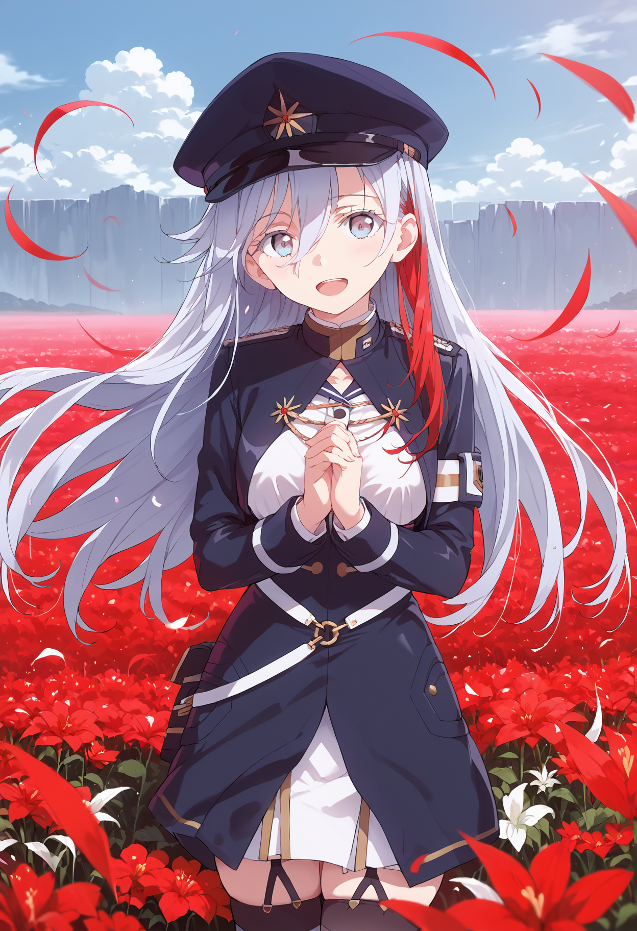 score_9, score_8_up, score_7_up, score_6_up, source_anime,vladilenamilize, 1girl, solo, black military uniform, very long hair, thighhighs,, smile, , garter straps, high-waist skirt, looking at viewer, shirt, streaked hair, hair between eyes, cropped jacket, grey hair, multicolored hair, , long sleeves, bangs, red hair, grey eyes, , large breasts, zettai ryouiki, , , flower field, , cloudy sky, , petals, spider lily,, blue sky, , open mouth, peaked cap, , (86bg:1), white eyelashes, own hands together, <lora:vladilena_milize_ponyV2_6:1>cowboy shot,  standing,