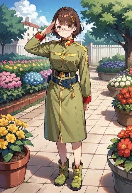 score_8, score_8_up, score_7_up, source_anime, 1girl, solo, female focus, Mia_CF, brown hair, medium hair, bob cut, hair ornament, glasses, semi-rimless eyewear, under-rim eyewear, military uniform, collared jacket, military rank insignia, green jacket, long sleeves, sleeve cuffs, belt, belt buckle, green skirt, skirt, ankle boots, green footwear, looking at viewer, smile, full body, standing, salute, outdoors, garden, tree, flowers,
