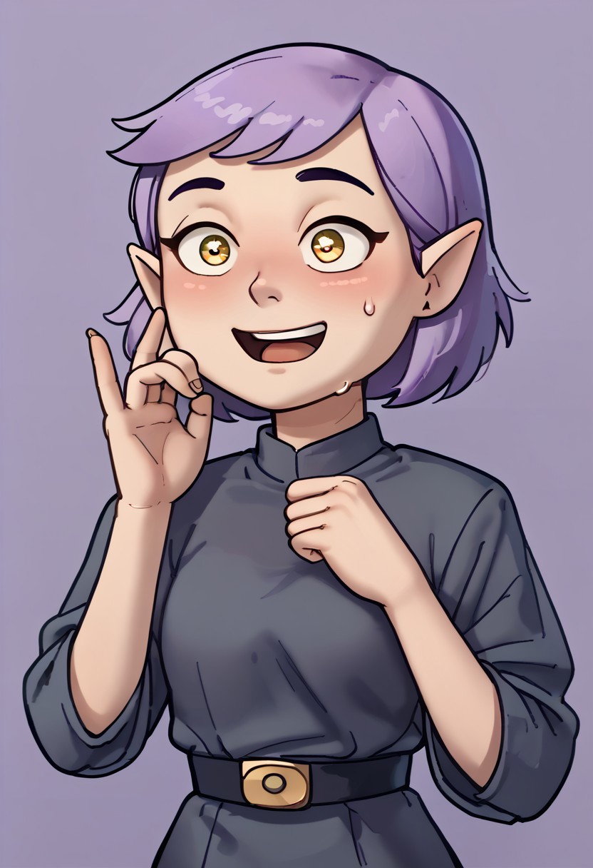 score_9, score_8_up, score_7_up, relatedguy, solo, close up, amity blight, pointy ears, yellow eyes, purple hair, short hair, Imperial officer wearing a grey uniform, open mouth, blush, face sweat, ((puppy eyes)), (((blank background, one colour background))), (((prayer hand gesture)))