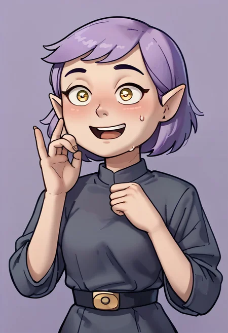 score_9, score_8_up, score_7_up, relatedguy, solo, close up, amity blight, pointy ears, yellow eyes, purple hair, short hair, Imperial officer wearing a grey uniform, open mouth, blush, face sweat, ((puppy eyes)), (((blank background, one colour background))), (((prayer hand gesture)))