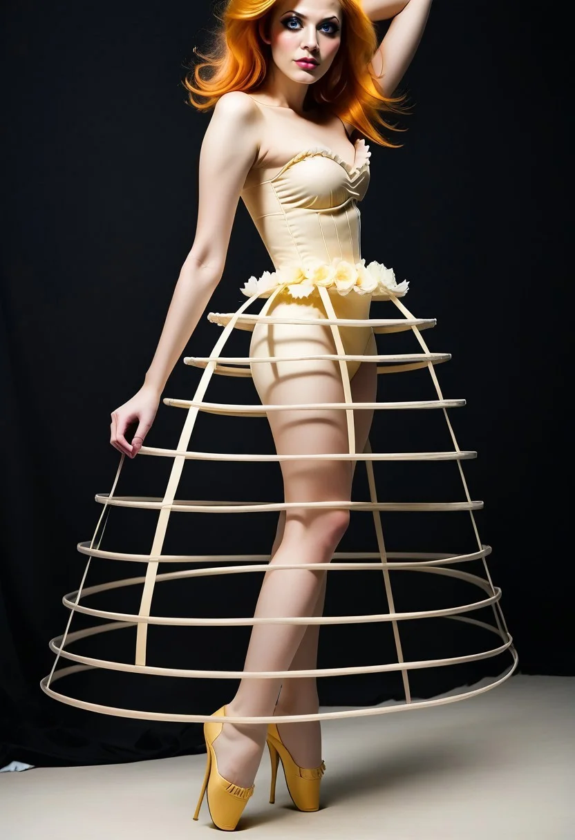 safe_pos, safe_pos, score_9, score_8_up, score_7_up, rating_safe, Fixhand, concept art, realistic, dark theme, low light, 1girl, solo.
Long yellow hair, Blue eyes, sexy makeup.
CageSkirt. ((long skirt)).
Ballet heels.
((Full body))
