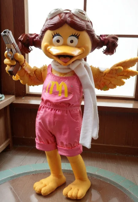 score_8_up. score_7_up, score_9, masterpiece, realistic BREAK
Birdy,female anthro,yellow bird, yellow beak, black eyes, red pigtails hair, goggles on top of head, feather hands, white scarf, pink romper, m symbol on chest, talen feet, 3D, holding gun, mcdonalds background, standing