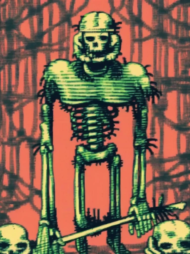 vermis style, solo, skeleton, helmet, standing, indoors, red background ,horror \(theme\), <lora:VermisStylePony:1>, score_5_up