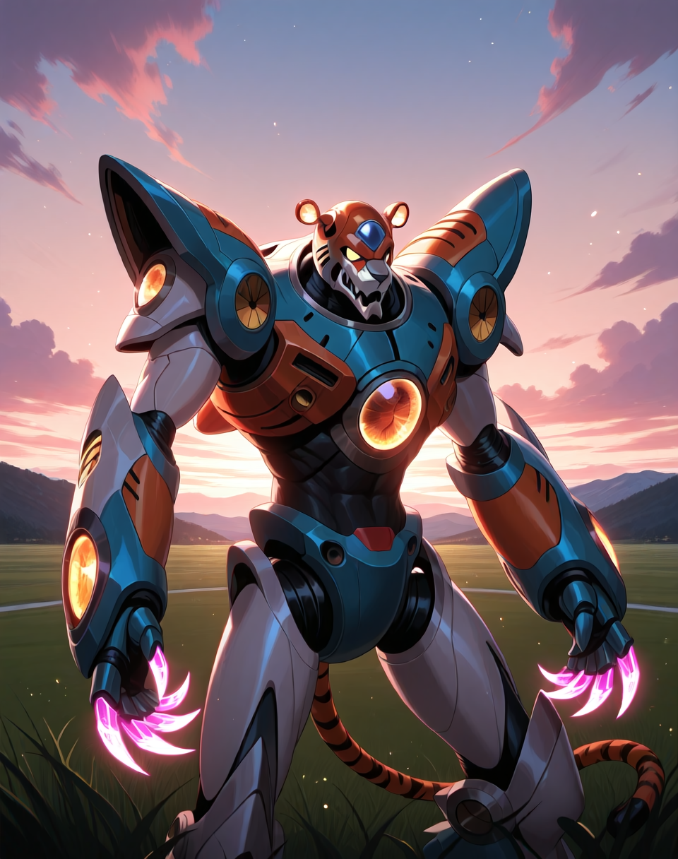 <lora:Neon_Tiger_(Mega_Man_X)_(Illustrious)_(AD):1> Neon Tiger, reploid, MMX, 
exterior, sky with clouds, grassy valley,
male focus, intense shadows, dynamic shadows, intricate details, attention to details, gradient coloring, bright vivid colors, robot, bent leg, glossy metal body, cowboy shot, abs, orange and pink and blue armor, ((neon plasma claws, ):1.5), 
BREAK very awe, masterpiece, best quality, amazing quality, very aesthetic, highres, absurdres, photographic realism, 8K CGI render,
EZRealPONYXL, zPDXL, Smooth Quality, lazynsfw,