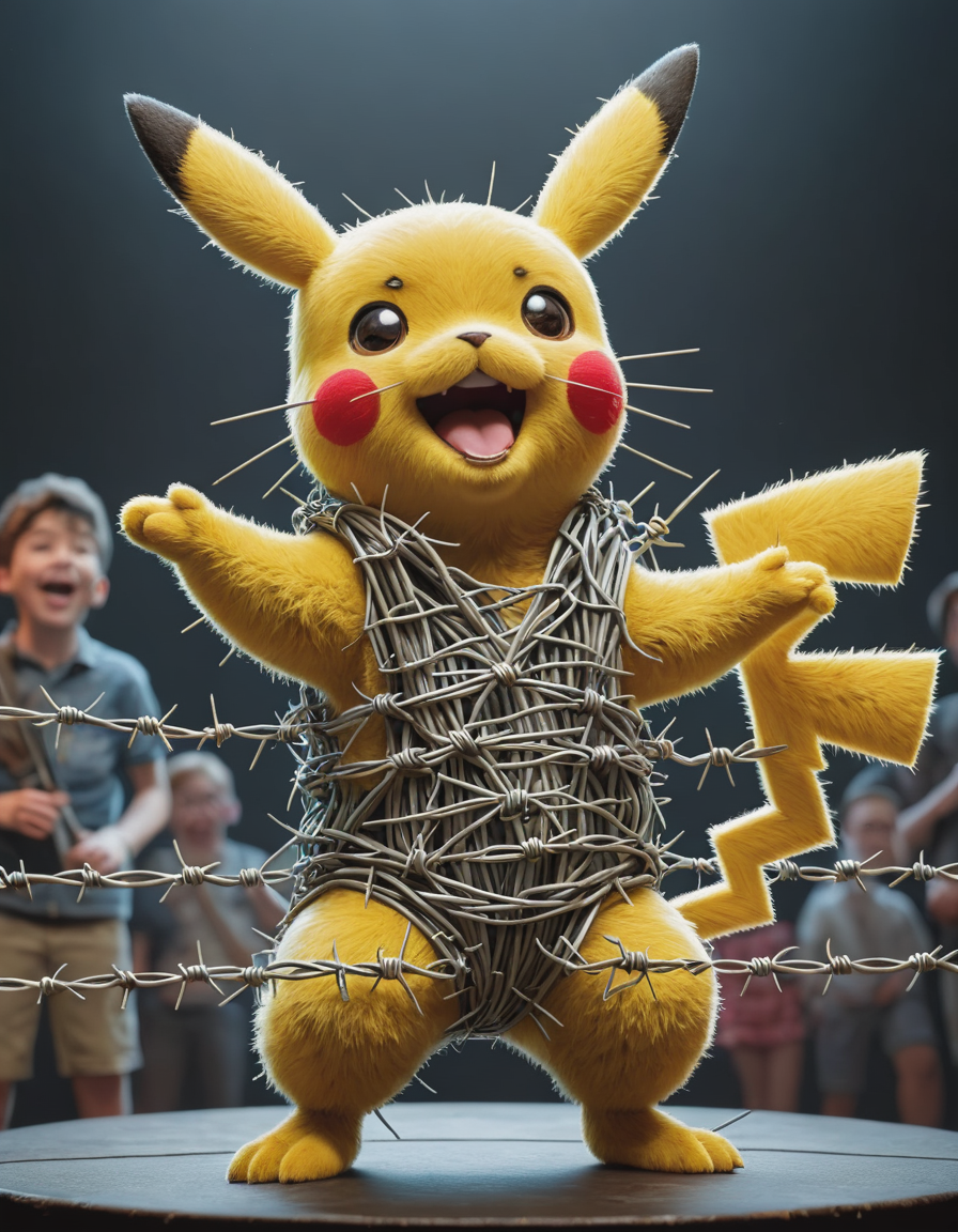 A delightful image of Pikachu, wearing ral-barbwire, this adorable creature performing on stage for an audience filled with laughter and joy while showcasing its unique personality in this whimsical setting, <lora:ral-barbwire:0.7>