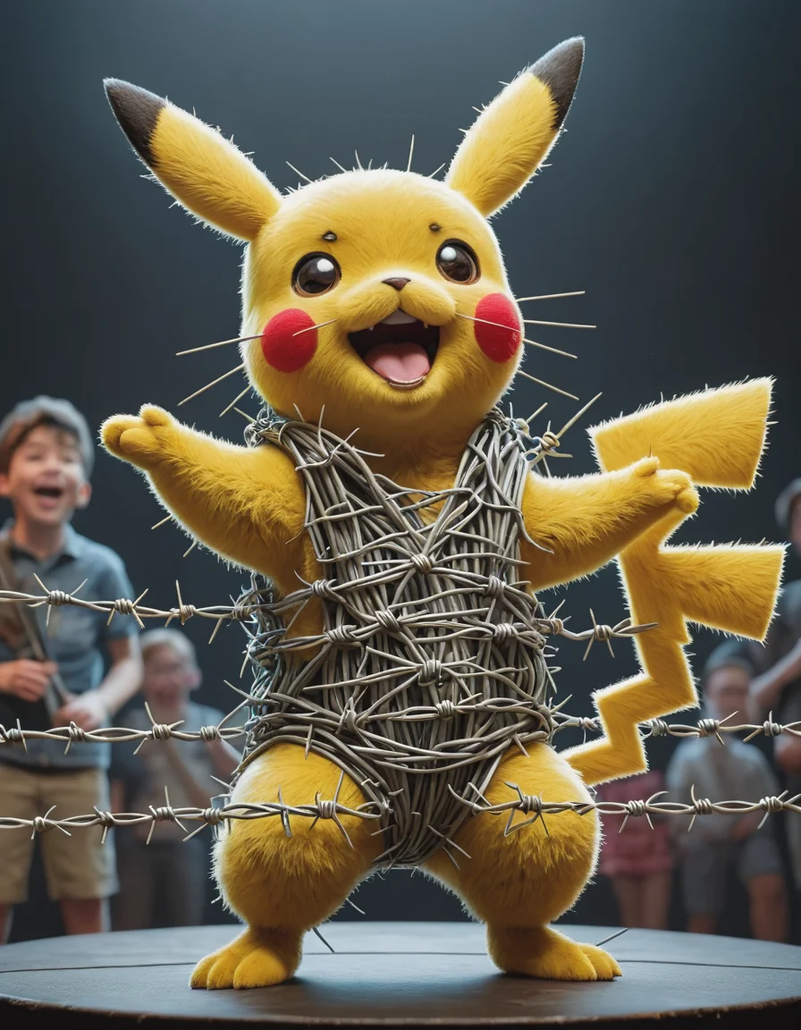A delightful image of Pikachu, wearing ral-barbwire, this adorable creature performing on stage for an audience filled with laughter and joy while showcasing its unique personality in this whimsical setting, <lora:ral-barbwire:0.7>