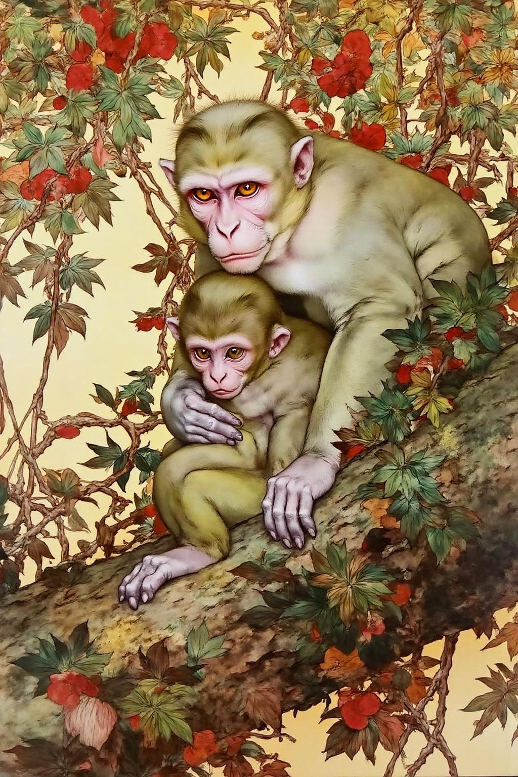 detmo1d watercolor painting.
A detailed, highly detailed watercolor painting depicting a scene of a mother monkey and her baby in a lush, tropical environment. The mother monkey, with a strikingly expressive face, has a light beige fur and sits on a branch covered with leaves and vines. Her piercing, almond-shaped eyes gaze intensely at the viewer. She cradles her baby, which has a similar light fur color, in her arms. <lora:detmold1_cap_d6a3e13:1.0><lora:831795514656691030:0>