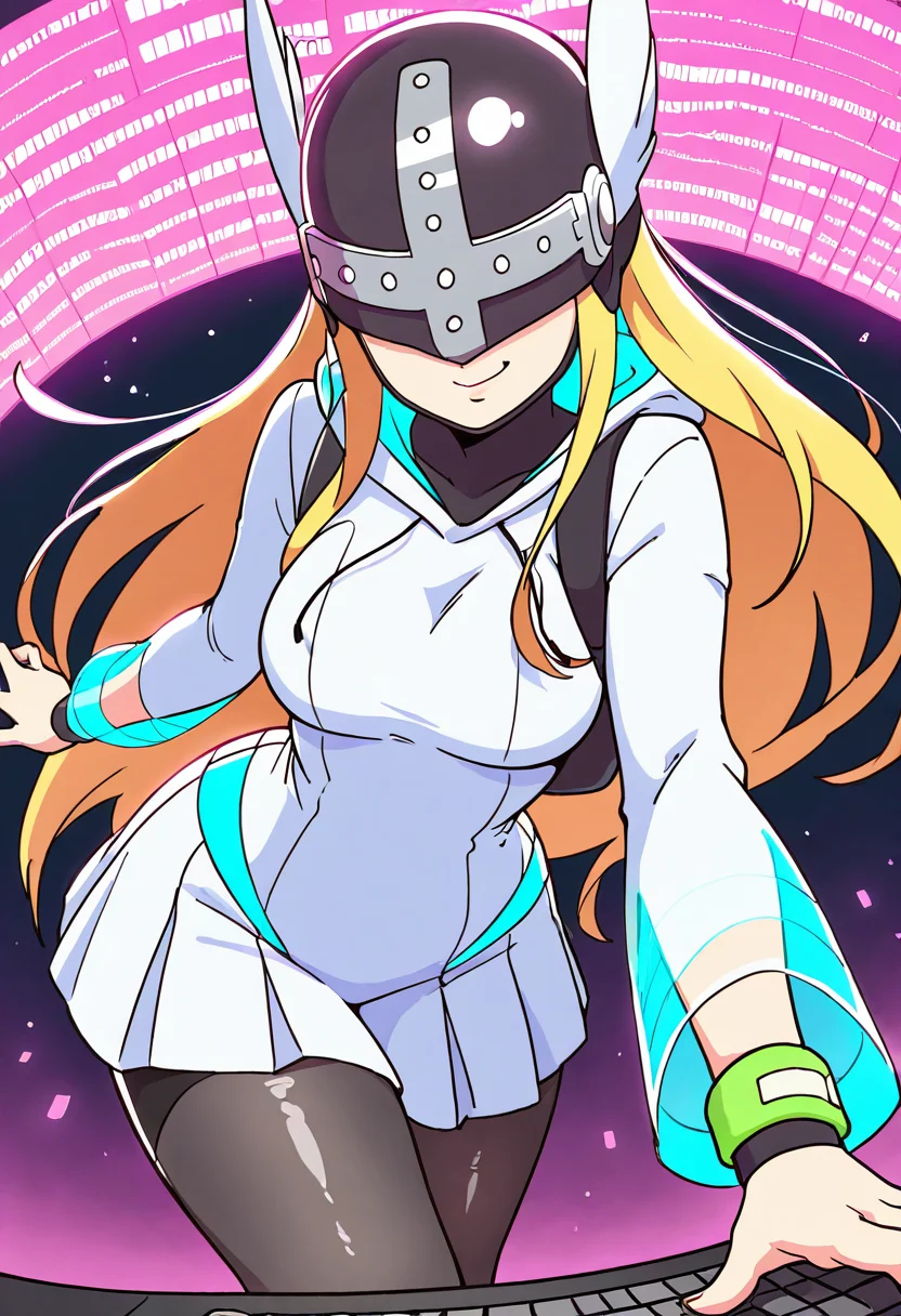 masterpiece, best quality, solo, curvy, beautiful eyes, narrow waist, wide hips, 1girl, solo, smile, looking at viewer, dynamic angle, foreshortening, close up,     zzange, blonde hair, covered eyes, helmet, long hair,  ,<lora:AngewomonDigimonCSV_IXL_v1:0.4>, [Neon Pulse Hacker], transparent raincoat with fiber optic trim, glitch-print hoodie, pleated tech skirt, static-charged leg warmers, holo-screen wristband, light-up keyboard backpack, binary tights, neon wire glasses, digital city skyline, floating data cubes, side smirk, glowing fingertips,
