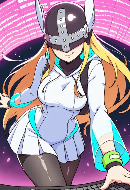 masterpiece, best quality, solo, curvy, beautiful eyes, narrow waist, wide hips, 1girl, solo, smile, looking at viewer, dynamic angle, foreshortening, close up,     zzange, blonde hair, covered eyes, helmet, long hair,  ,<lora:AngewomonDigimonCSV_IXL_v1:0.4>, [Neon Pulse Hacker], transparent raincoat with fiber optic trim, glitch-print hoodie, pleated tech skirt, static-charged leg warmers, holo-screen wristband, light-up keyboard backpack, binary tights, neon wire glasses, digital city skyline, floating data cubes, side smirk, glowing fingertips,