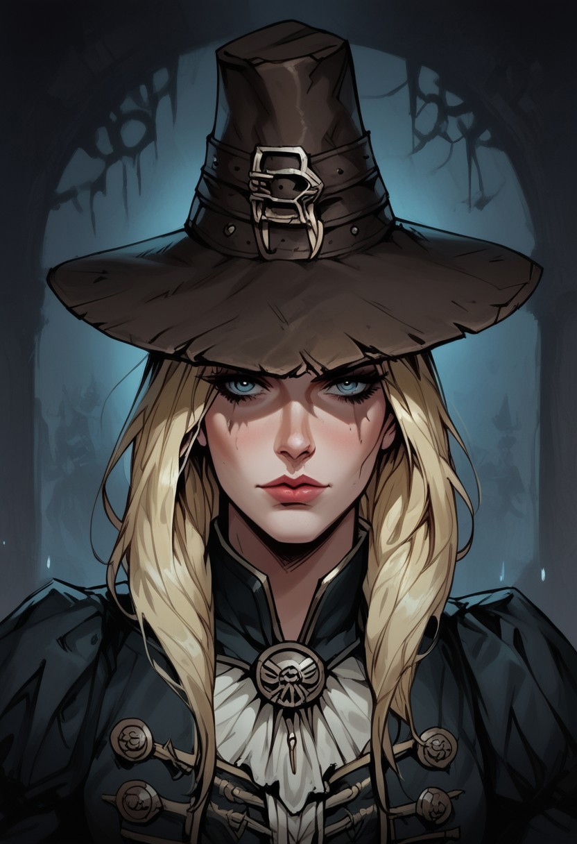 score_9, score_8_up, score_7_up, BREAK, 1woman beautiful, dramatic lights ((Graverober, blonde, DarkestDungeon, GraverobberDD, hat, Darkest Dungeon))