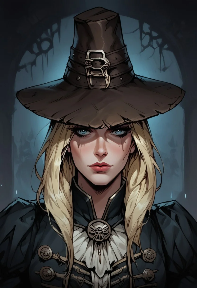 score_9, score_8_up, score_7_up, BREAK, 1woman beautiful, dramatic lights ((Graverober, blonde, DarkestDungeon, GraverobberDD, hat, Darkest Dungeon))