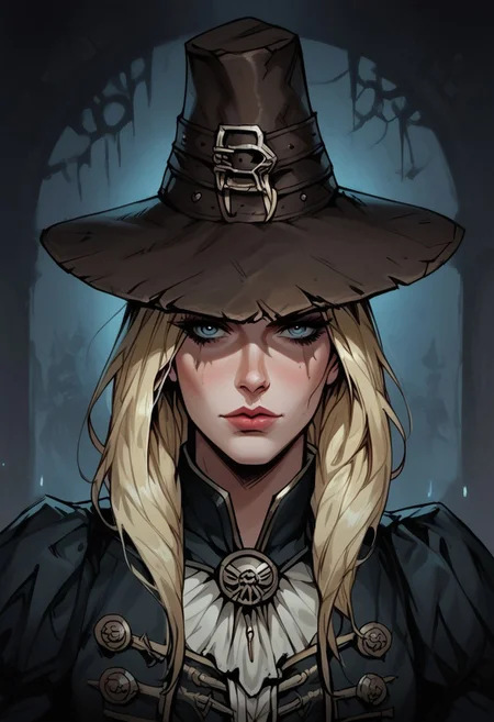 score_9, score_8_up, score_7_up, BREAK, 1woman beautiful, dramatic lights ((Graverober, blonde, DarkestDungeon, GraverobberDD, hat, Darkest Dungeon))