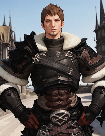 masterpiece, best quality, newest, perfect quality, best quality, detailed background, intricate details, male focus, realistic, solo, <lora:FFXIV - Ardbert Hylfyst - Illustrious-000008:0.7>, ardbert_ffxiv, 1boy, mature male, brown hair, blue eyes, fur-trimmed collar, fur-trimmed pauldrons, armor, fur-trimmed gloves, tassets, realistic, upper body, hands on hips, looking at viewer, goatee