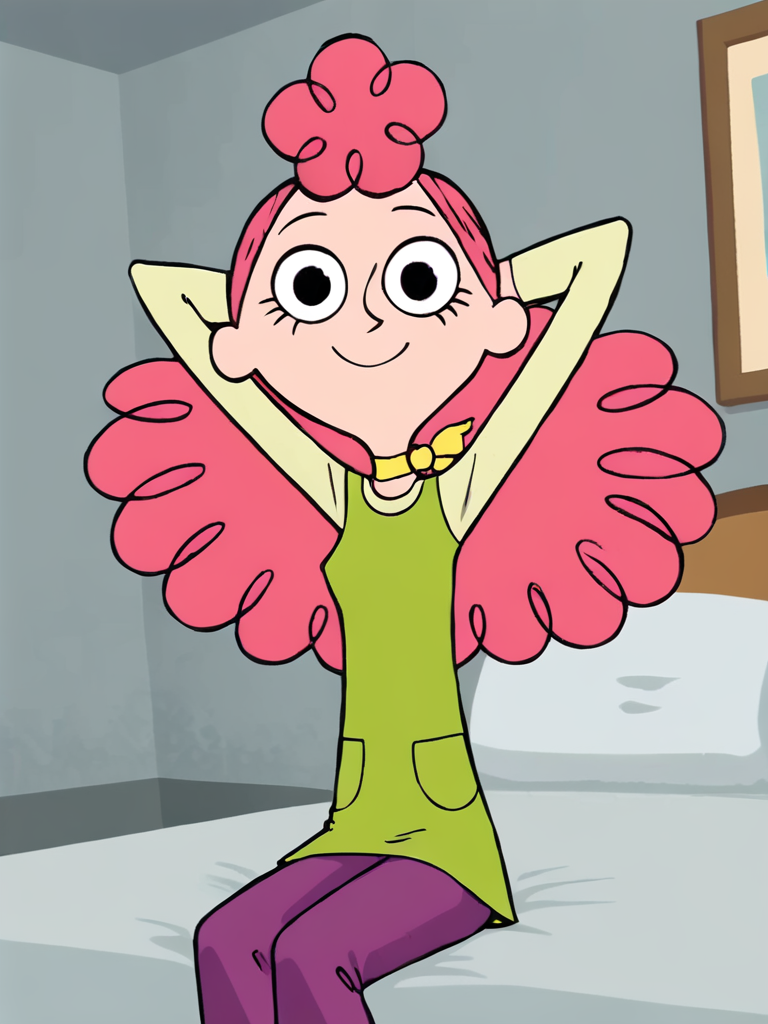 curly pink hair, WSmrsjewls, 1girl, looking at viewer, yellow ascot, green dress, long sleeves, purple pants, closed mouth, arms behind head, smile, black eyes, bedroom, sitting on bed, <lora:mrsjewlsXL_v1:0.80>