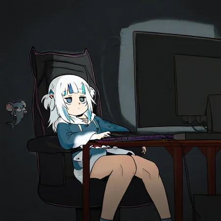 imagine, 1girl, gawr gura, jitome, feet out of frame, looking ahead, monitor, keyboard (computer), mouse (computer), gaming chair, desk, dark background, dim lighting, sitting, on chair,