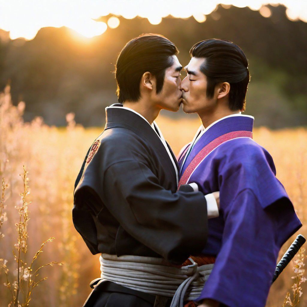 gay, male focused, samurai kissing, Sakurai field, sunset